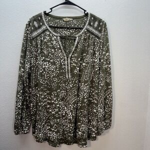 Lucky Brand Top Women 1X Green Floral Peasant Boho Flowy Lightweight V Neck